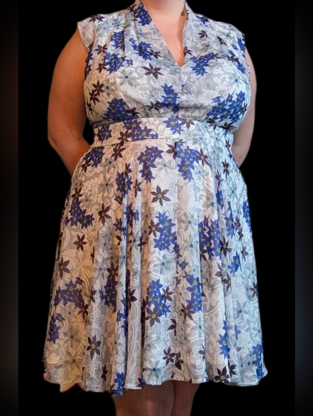 Floral V-Neck Blue & White Fit-and-Flare Dress Garden Floral Plus Size 14